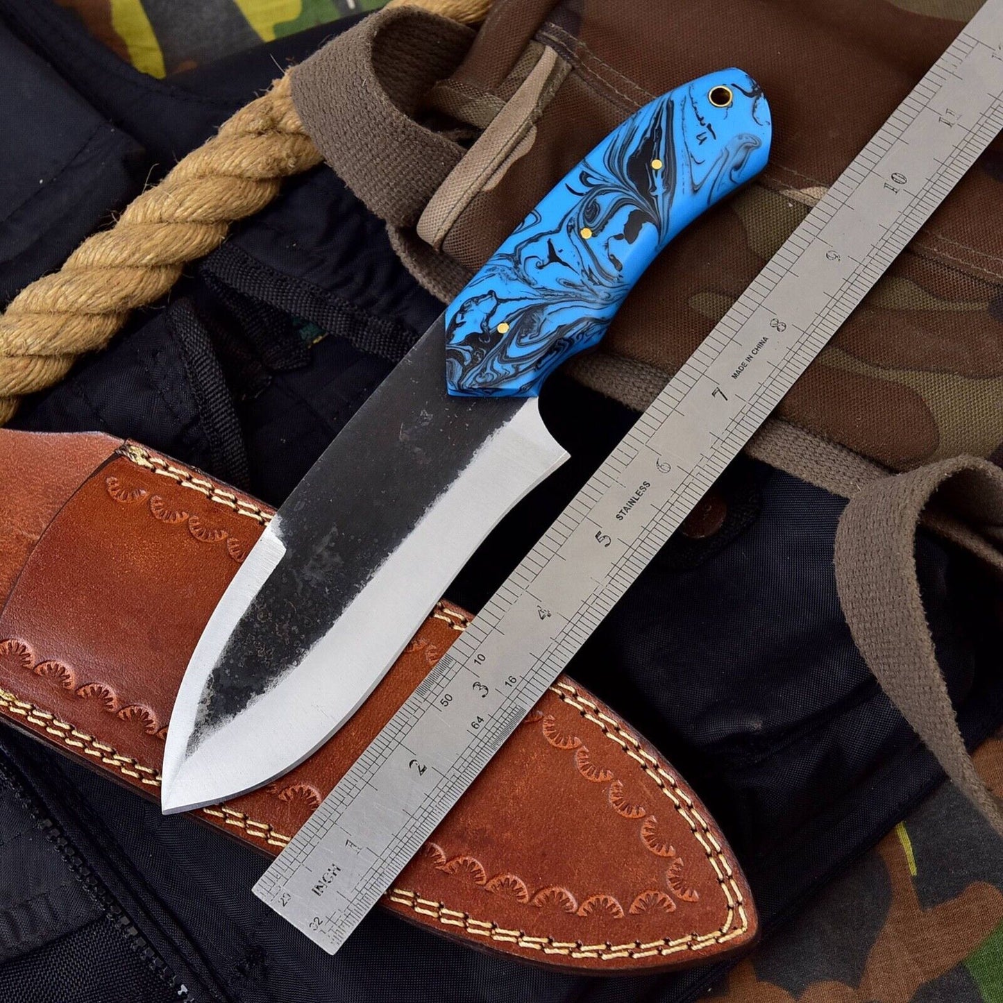 Handmade Full Tang Real File Hunting Knife with Leather Sheath Custom Bull Cutter Knife