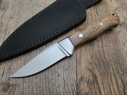 8.7" 12c27 Stainless Steel Skinner Knife with Olive Wood Handle & Leather Sheath – Handmade Hunting & Camping Blade