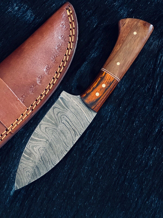Heritage Forge 8.5 Inch Ladder Damascus Skinner Knife with Camel Bone and Wood Handle