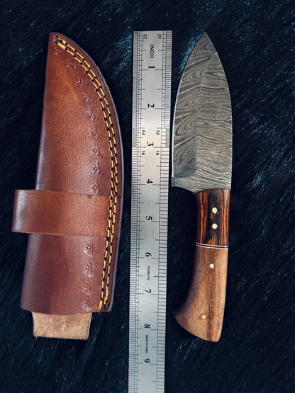 Heritage Forge 8.5 Inch Ladder Damascus Skinner Knife with Camel Bone and Wood Handle