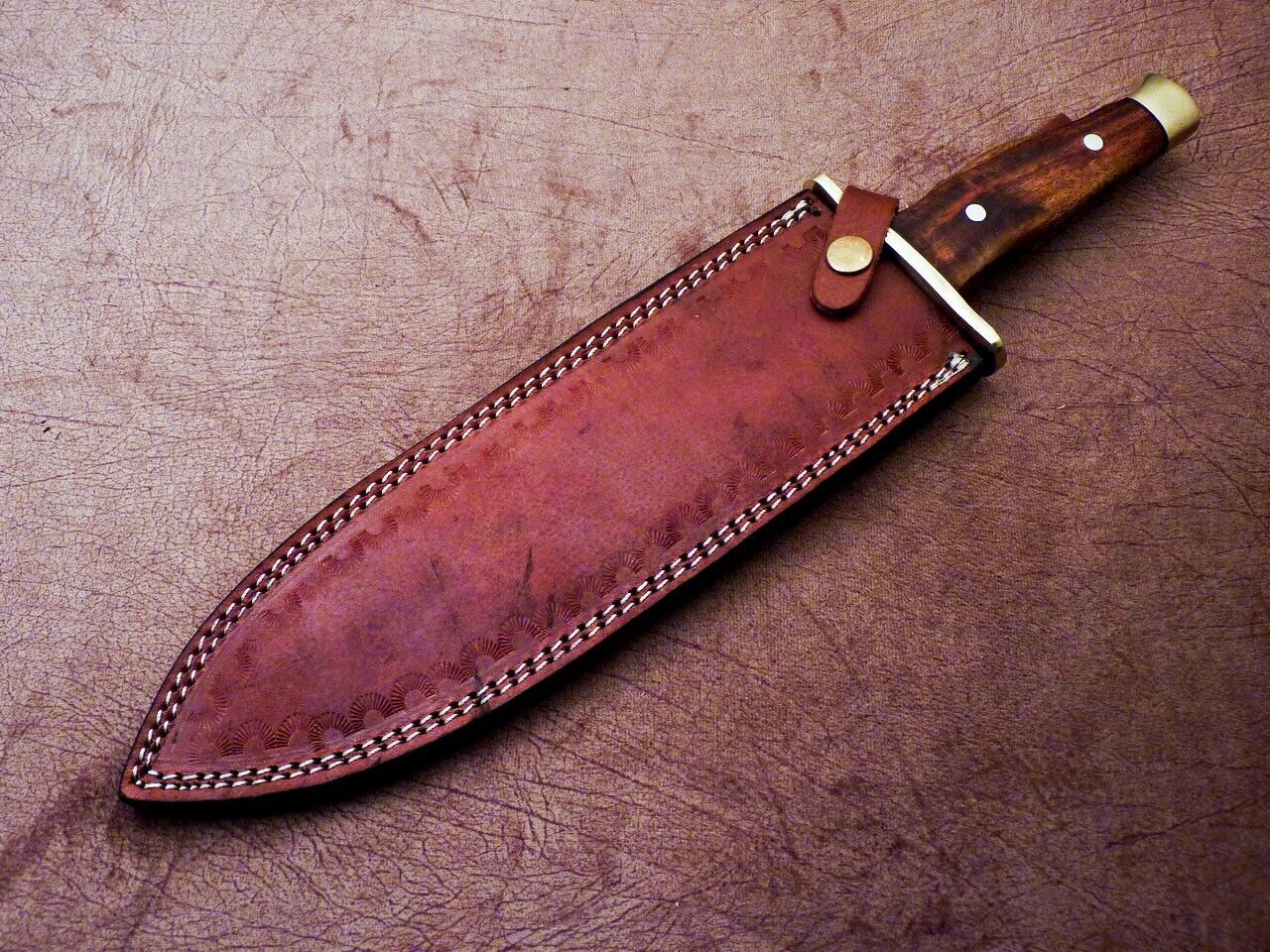 Heritage Forge 16 Inch Damascus Hunting Bowie Knife with Natural Wood Handle and Leather Sheath