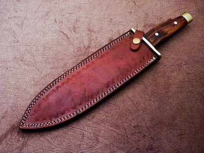 Heritage Forge 16 Inch Damascus Hunting Bowie Knife with Natural Wood Handle and Leather Sheath
