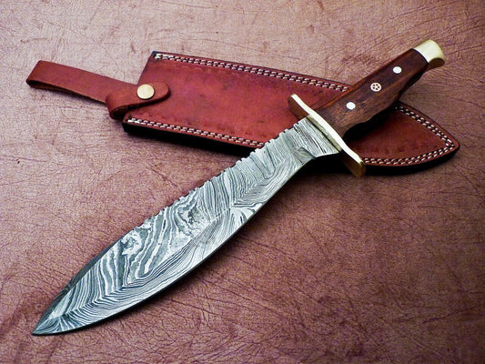 Heritage Forge 16 Inch Damascus Hunting Bowie Knife with Natural Wood Handle and Leather Sheath