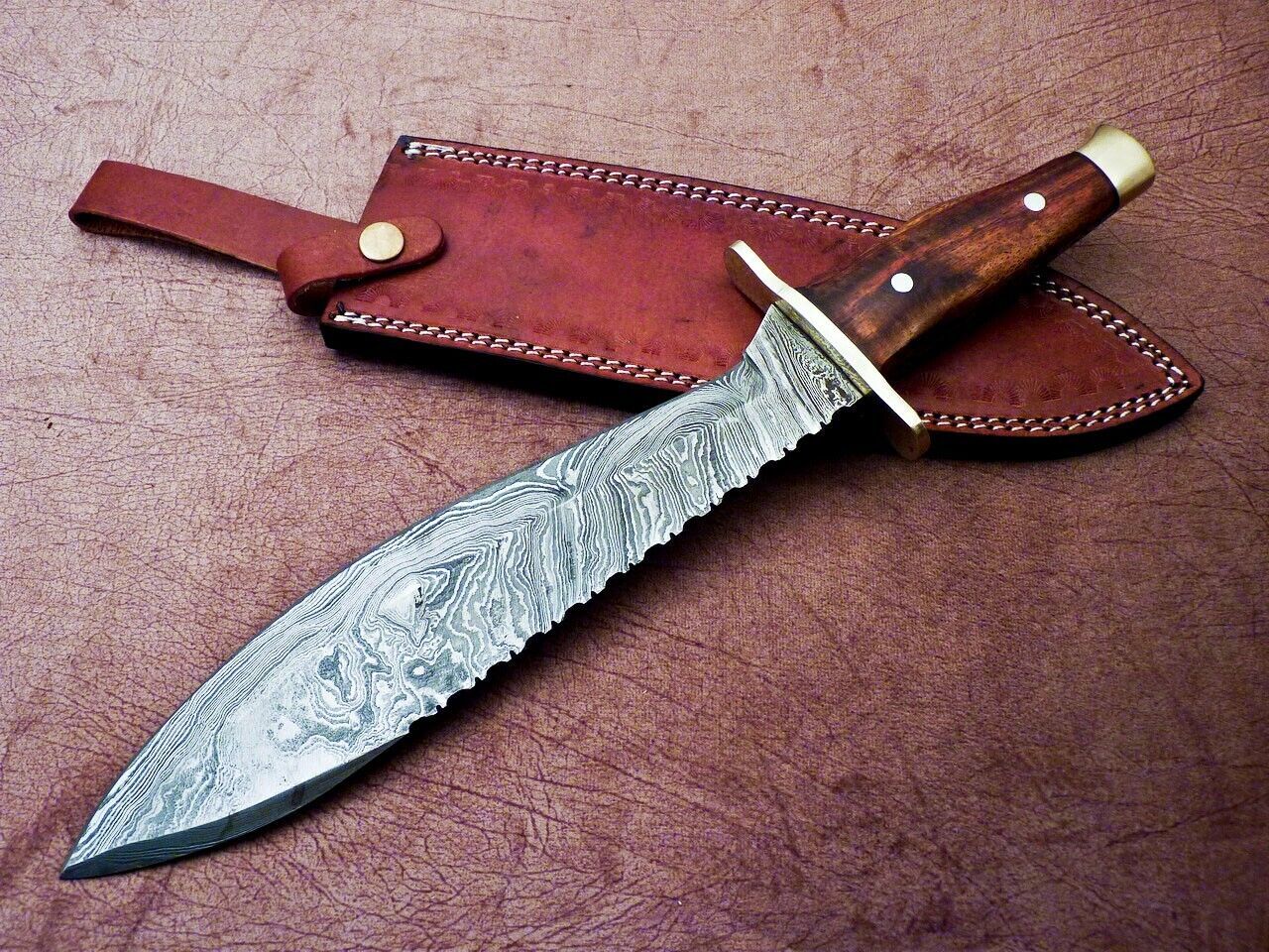Heritage Forge 16 Inch Damascus Hunting Bowie Knife with Natural Wood Handle and Leather Sheath