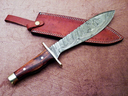 Heritage Forge 16 Inch Damascus Hunting Bowie Knife with Natural Wood Handle and Leather Sheath