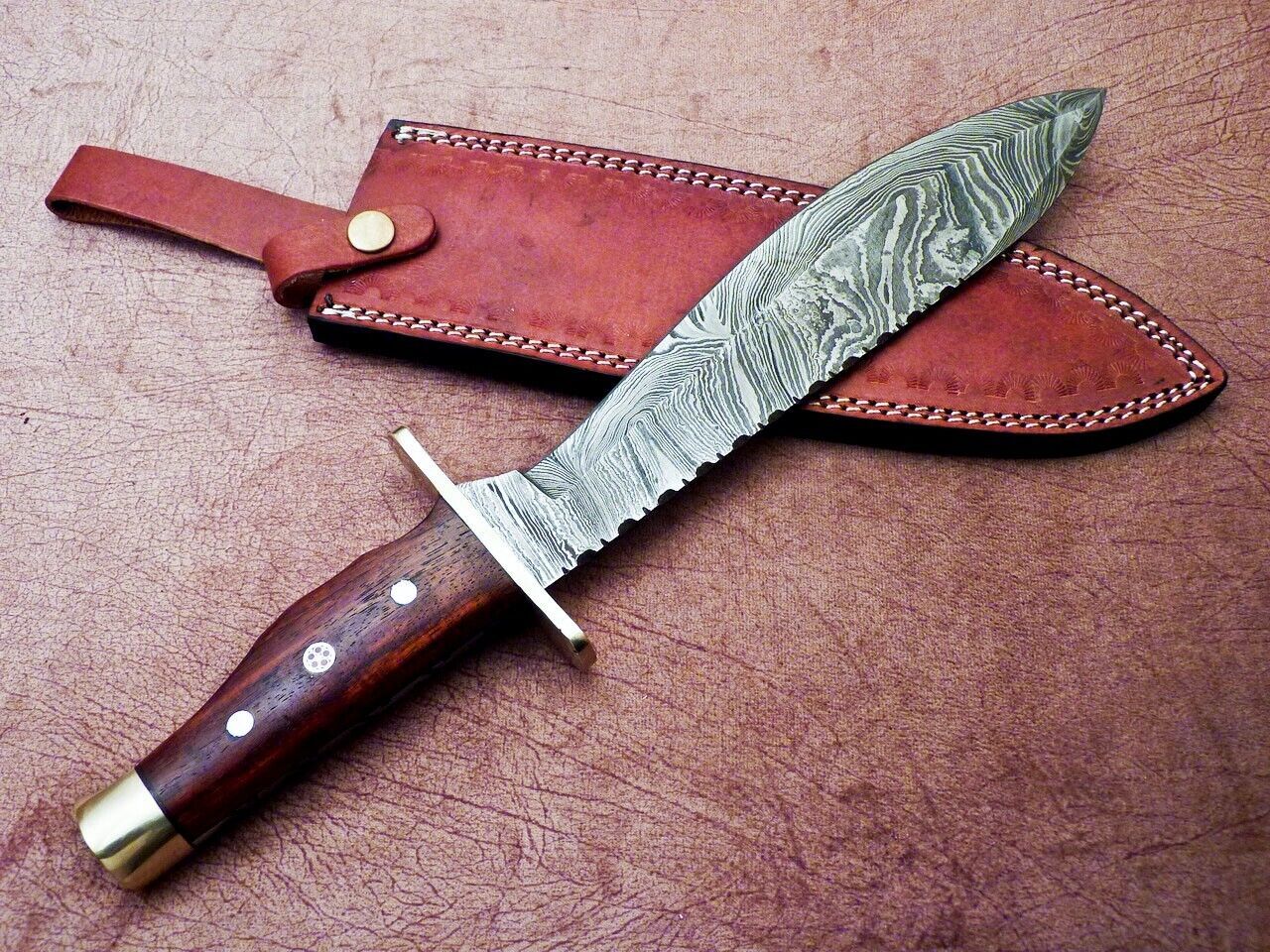 Heritage Forge 16 Inch Damascus Hunting Bowie Knife with Natural Wood Handle and Leather Sheath