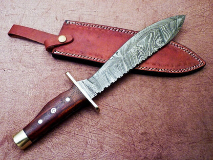 Heritage Forge 16 Inch Damascus Hunting Bowie Knife with Natural Wood Handle and Leather Sheath
