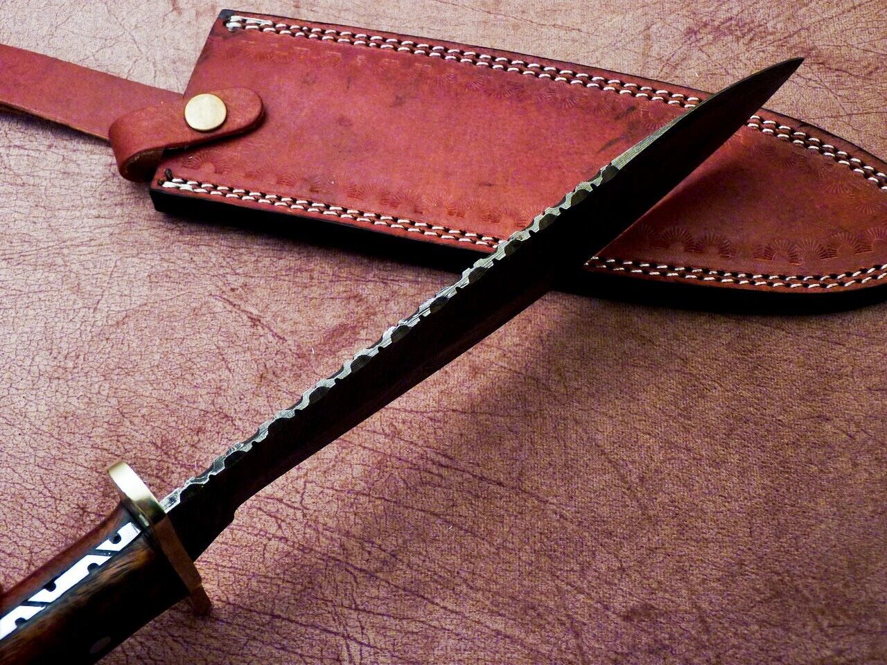 Heritage Forge 16 Inch Damascus Hunting Bowie Knife with Natural Wood Handle and Leather Sheath