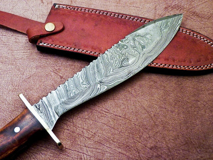 Heritage Forge 16 Inch Damascus Hunting Bowie Knife with Natural Wood Handle and Leather Sheath