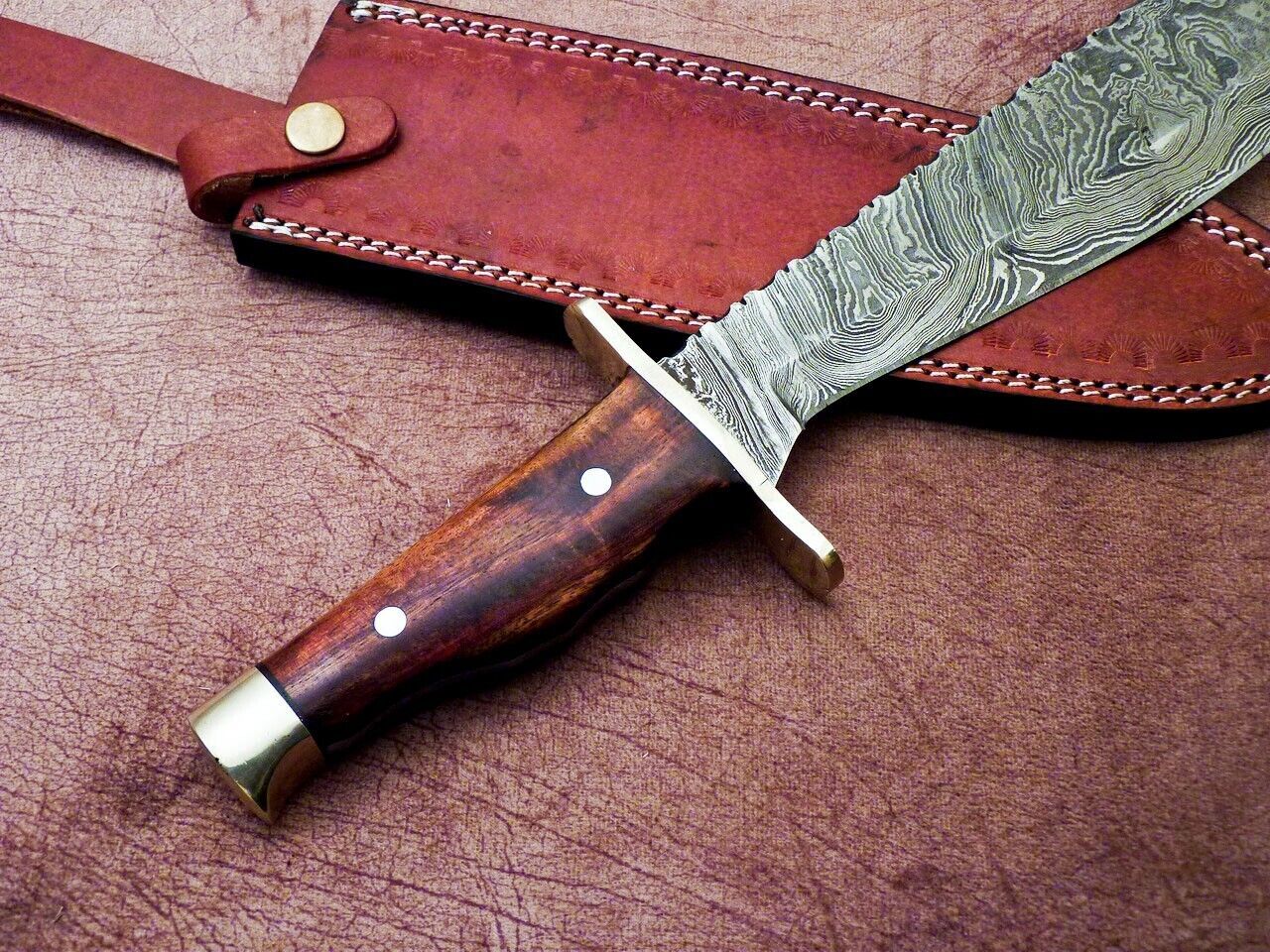 Heritage Forge 16 Inch Damascus Hunting Bowie Knife with Natural Wood Handle and Leather Sheath