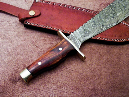 Heritage Forge 16 Inch Damascus Hunting Bowie Knife with Natural Wood Handle and Leather Sheath