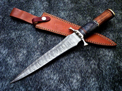 Custom Hand Forged Damascus Steel 13" Dagger Hunting Bowie Knife | Natural Wood Handle
