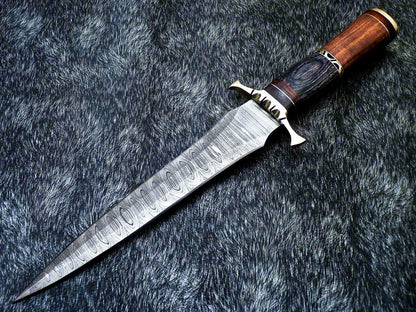 Custom Hand Forged Damascus Steel 13" Dagger Hunting Bowie Knife | Natural Wood Handle