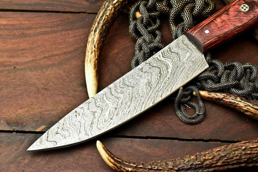 Custom Handmade Damascus Steel Chef Knife – Full Tang with Hardwood Handle