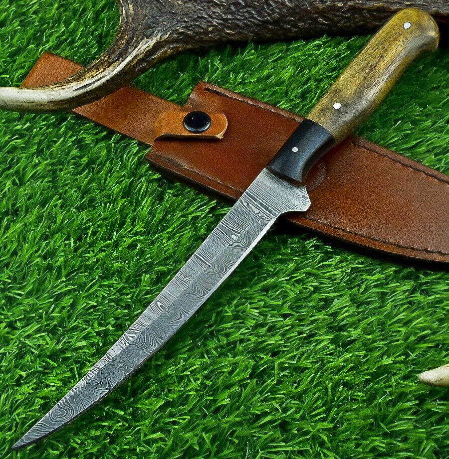 Forged Damascus Steel Fillet Knife – Handmade Kitchen Chef Knife with Resin & Natural Wood Handle, 11.5" Blade