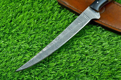 Forged Damascus Steel Fillet Knife – Handmade Kitchen Chef Knife with Resin & Natural Wood Handle, 11.5" Blade