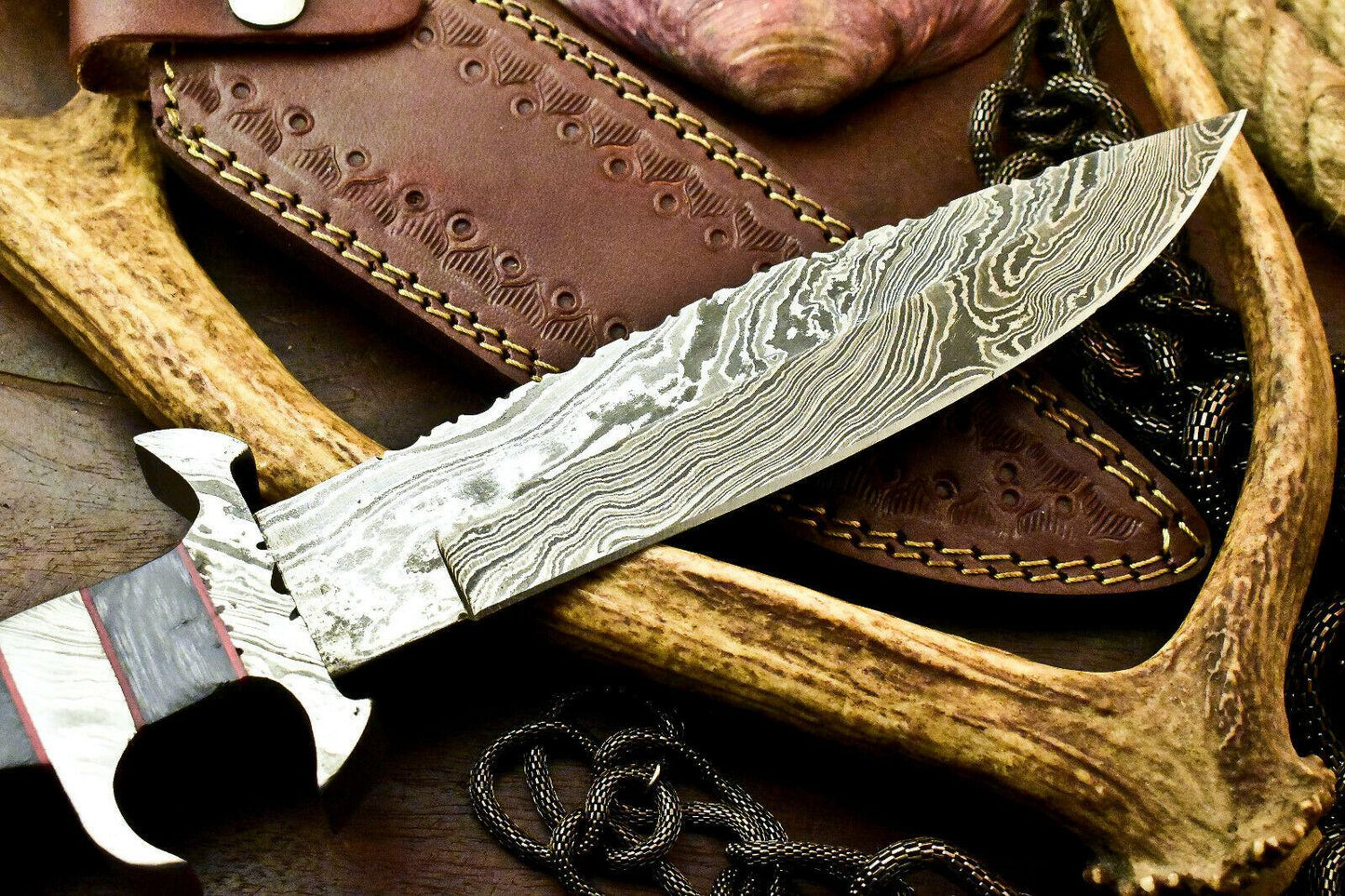 13" Damascus Steel Sub-Hilt Bowie Hunting Knife – Leather Sheath