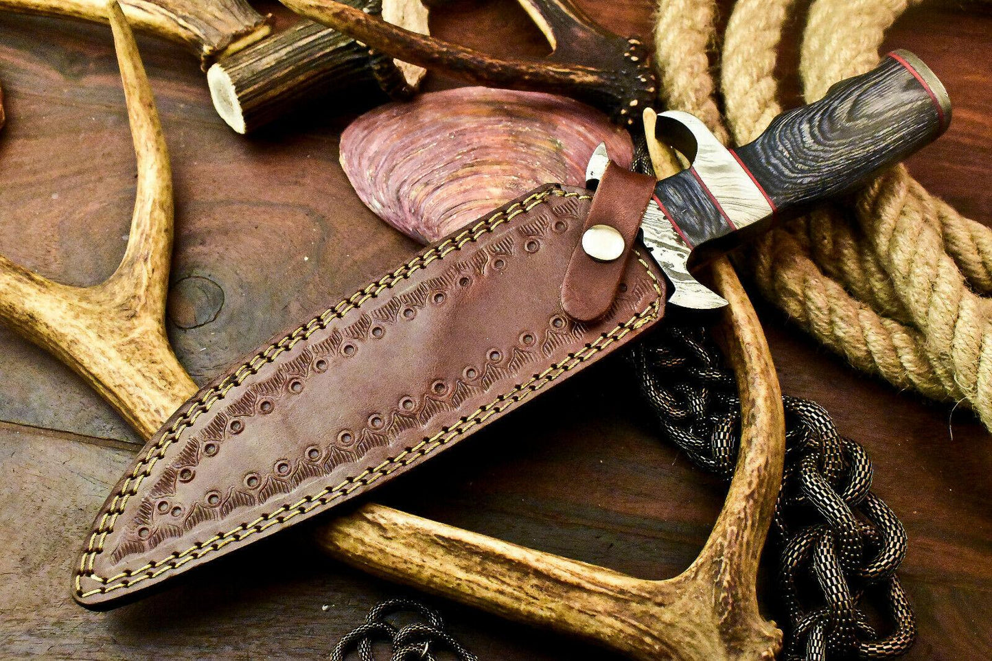 13" Damascus Steel Sub-Hilt Bowie Hunting Knife – Leather Sheath