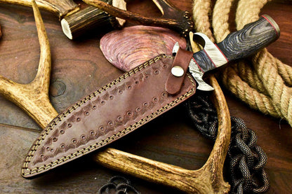 13" Damascus Steel Sub-Hilt Bowie Hunting Knife – Leather Sheath