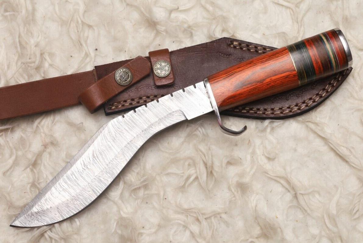12" Damascus Kukri Bowie Knife with Wood Handle Survival Blade