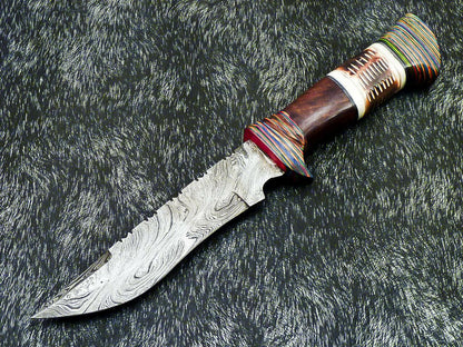 Hand Forged Damascus 11" Bowie Hunting Knife | Engraved Camel Bone Handle