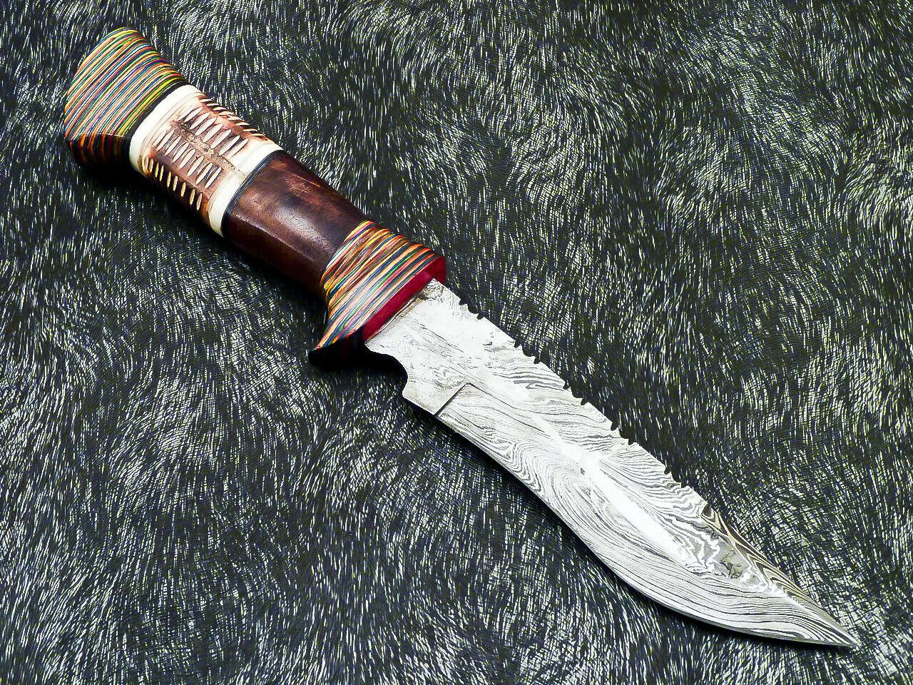 Hand Forged Damascus 11" Bowie Hunting Knife | Engraved Camel Bone Handle