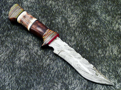 Hand Forged Damascus 11" Bowie Hunting Knife | Engraved Camel Bone Handle