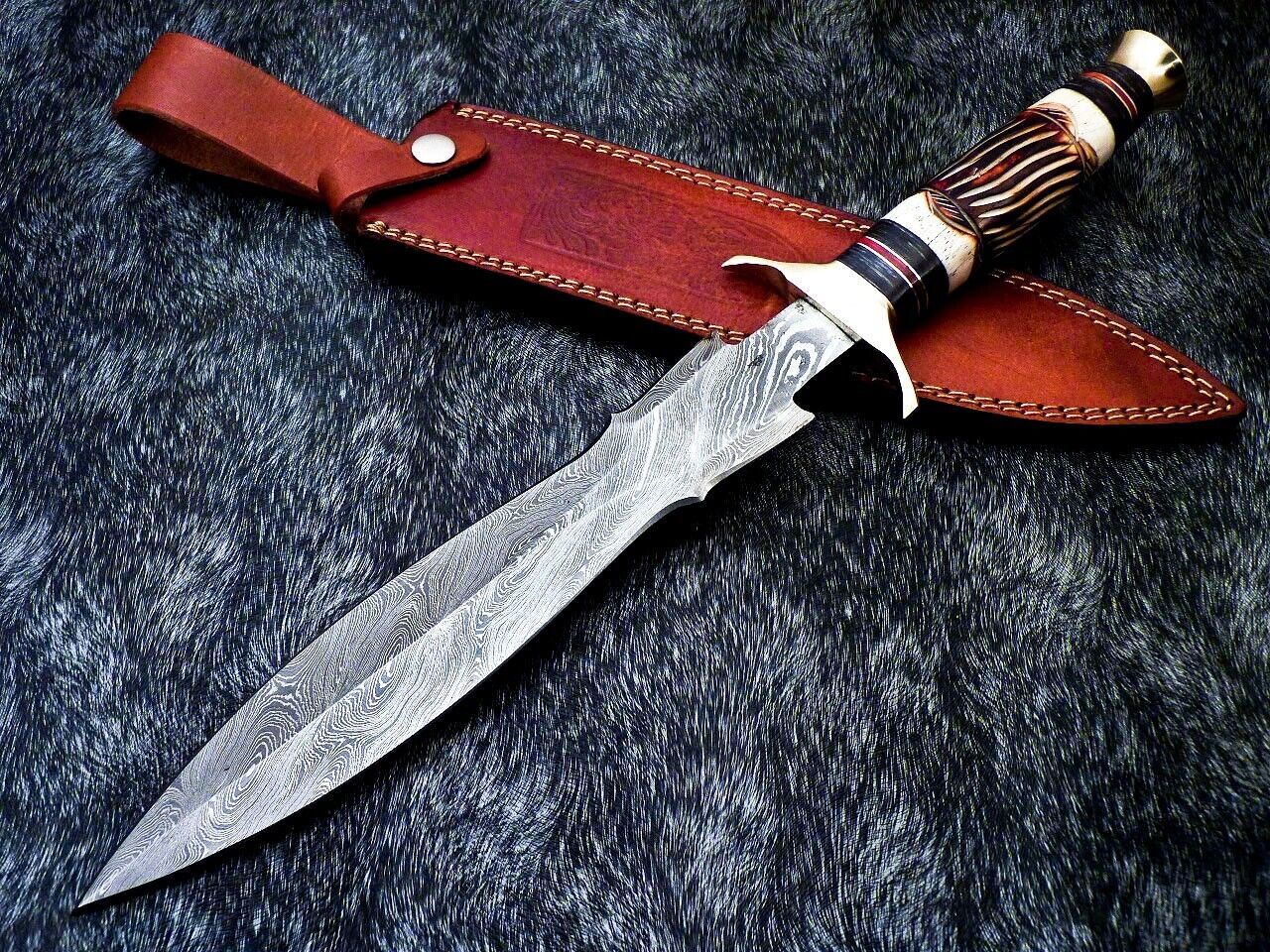 Custom Hand Forged Damascus Steel 15" Dagger Hunting Bowie Knife – Engraved Camel Bone & Hardwood Handle