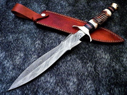 Custom Hand Forged Damascus Steel 15" Dagger Hunting Bowie Knife – Engraved Camel Bone & Hardwood Handle