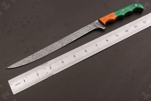 13" Custom Fire Damascus Steel Fillet Knife Best Fillet Knife & Handmade Fillet Knives W/Sheath