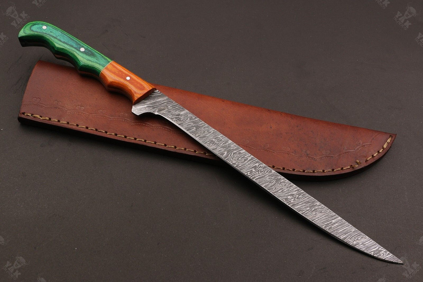 13" Custom Fire Damascus Steel Fillet Knife Best Fillet Knife & Handmade Fillet Knives W/Sheath