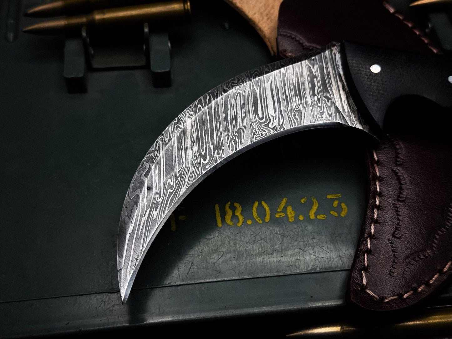 8” Damascus Karambit Knife Full Tang Damascus Steel Knife with Bone & Micarta Handle
