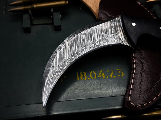 8” Damascus Karambit Knife Full Tang Damascus Steel Knife with Bone & Micarta Handle