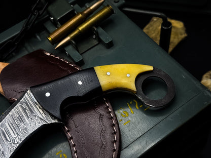 8” Damascus Karambit Knife Full Tang Damascus Steel Knife with Bone & Micarta Handle