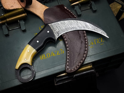 8” Damascus Karambit Knife Full Tang Damascus Steel Knife with Bone & Micarta Handle