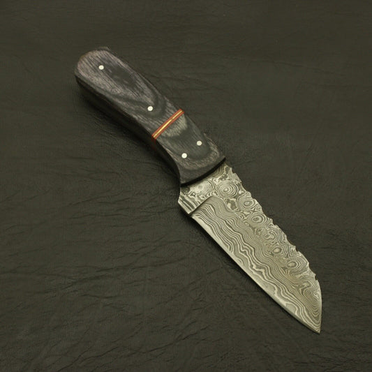 Twist Pattern Damascus Steel Skinner Hunting Knife – Engraved Pakka Wood Handle with Leather Sheath