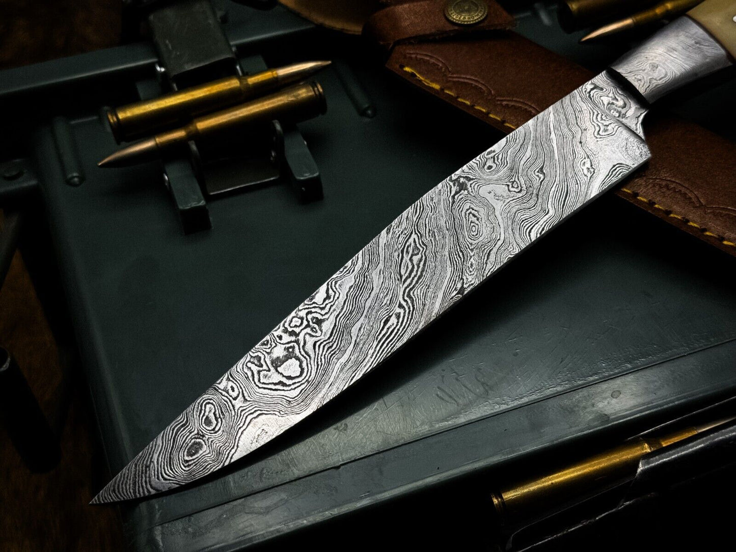 Handmade Damascus Steel Chef Knife with Camel Bone Handle & Leather Sheath – 4" Blade