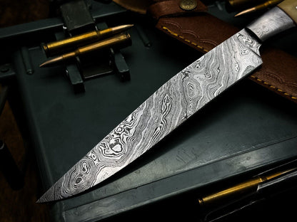 Handmade Damascus Steel Chef Knife with Camel Bone Handle & Leather Sheath – 4" Blade