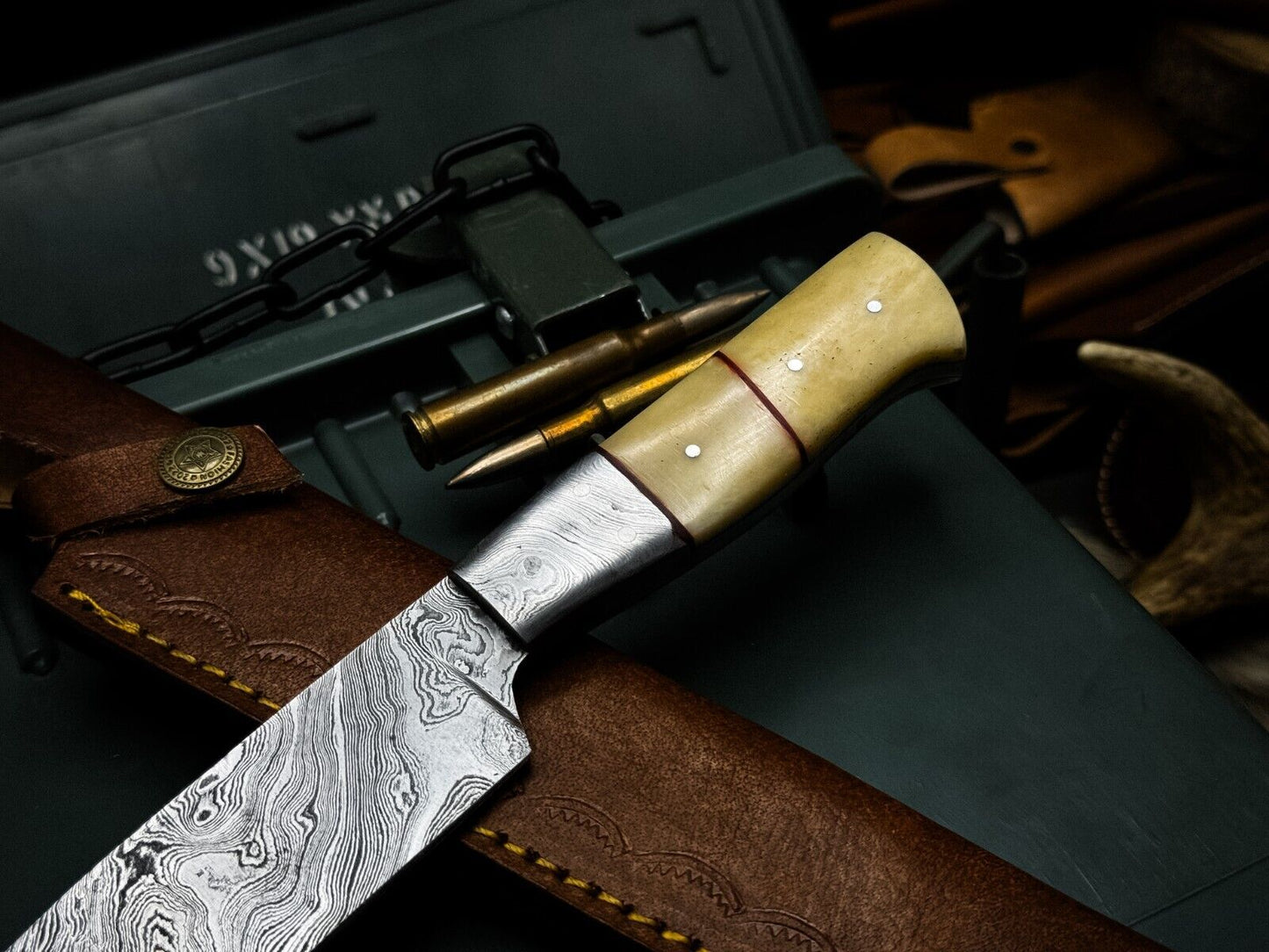 Handmade Damascus Steel Chef Knife with Camel Bone Handle & Leather Sheath – 4" Blade