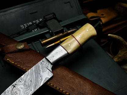 Handmade Damascus Steel Chef Knife with Camel Bone Handle & Leather Sheath – 4" Blade