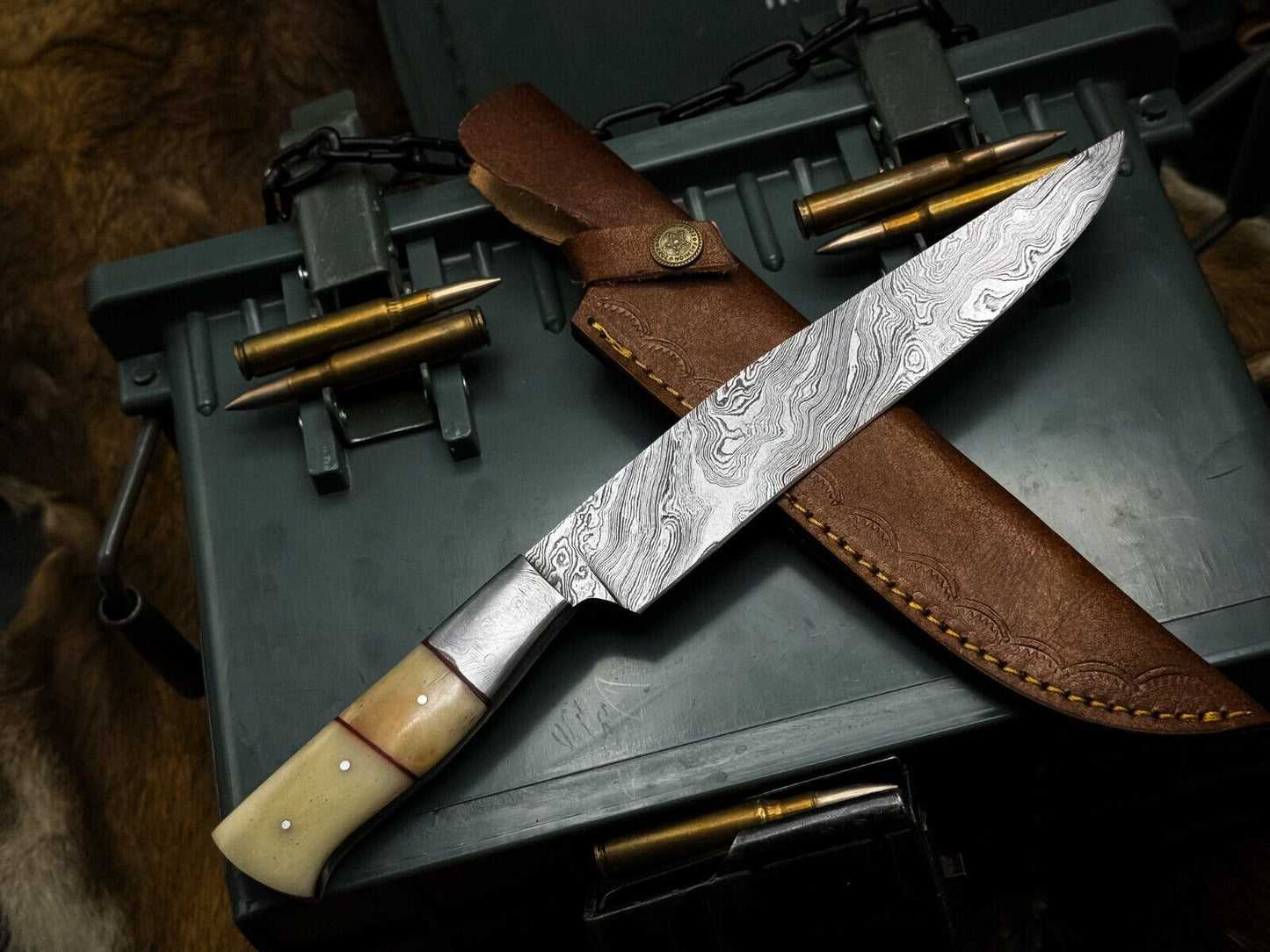 Handmade Damascus Steel Chef Knife with Camel Bone Handle & Leather Sheath – 4" Blade