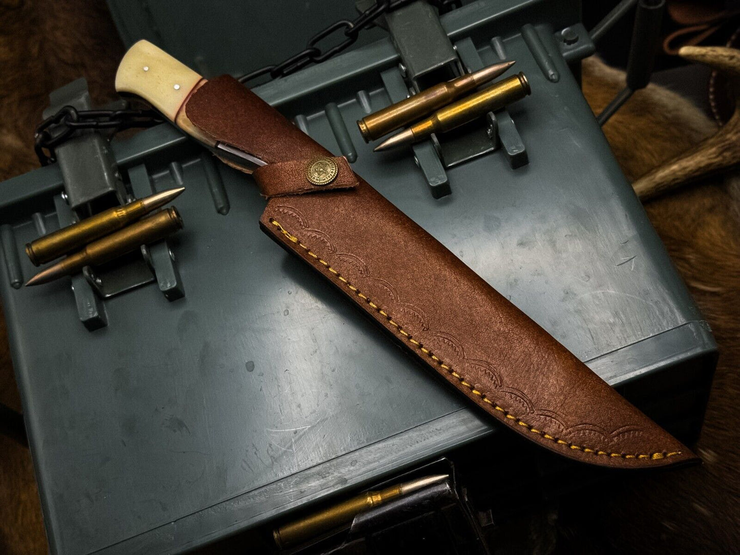 Handmade Damascus Steel Chef Knife with Camel Bone Handle & Leather Sheath – 4" Blade