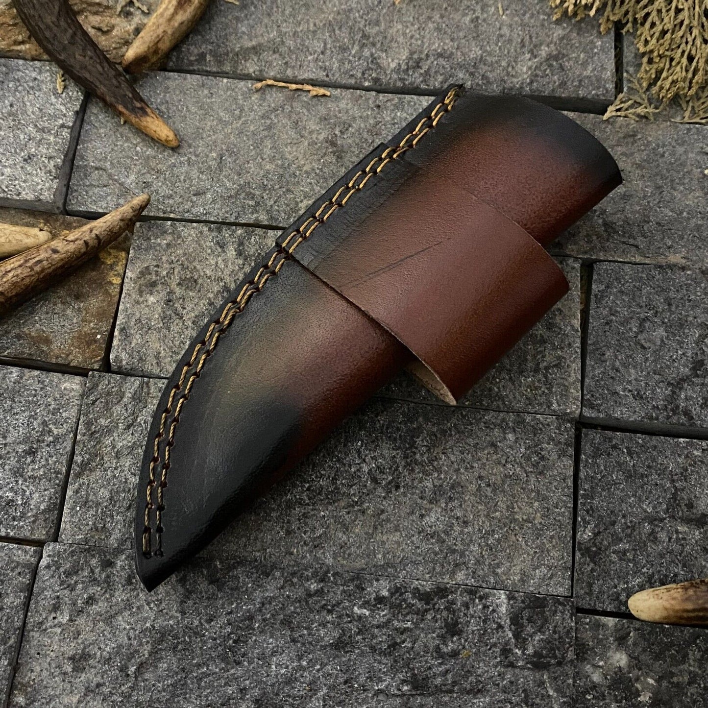 Heritage Forge 6.5 Inch Damascus Steel Skinner Knife with Wood Handle and Leather Sheath