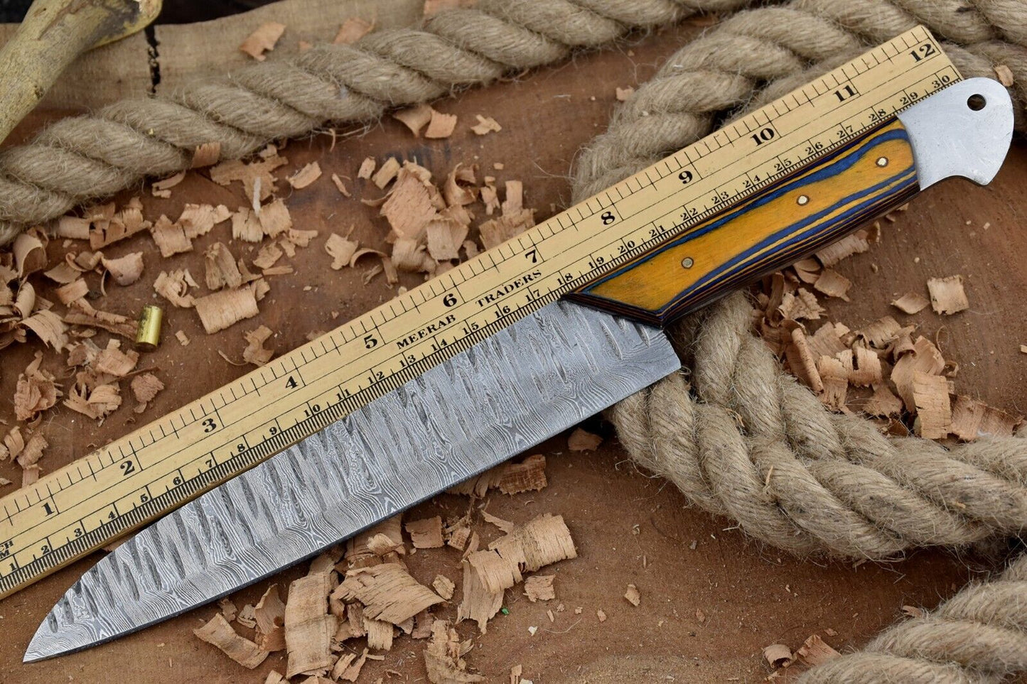 Custom Handmade Forged Damascus Steel Kitchen Chef Knife – 13" Overall, 7" Blade, Leather Sheath Included
