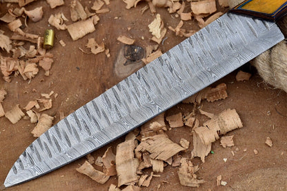 Custom Handmade Forged Damascus Steel Kitchen Chef Knife – 13" Overall, 7" Blade, Leather Sheath Included