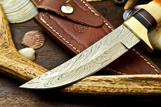 10" Damascus Bowie Hunting Knife – Stained Camel Bone Handle with Leather Sheath