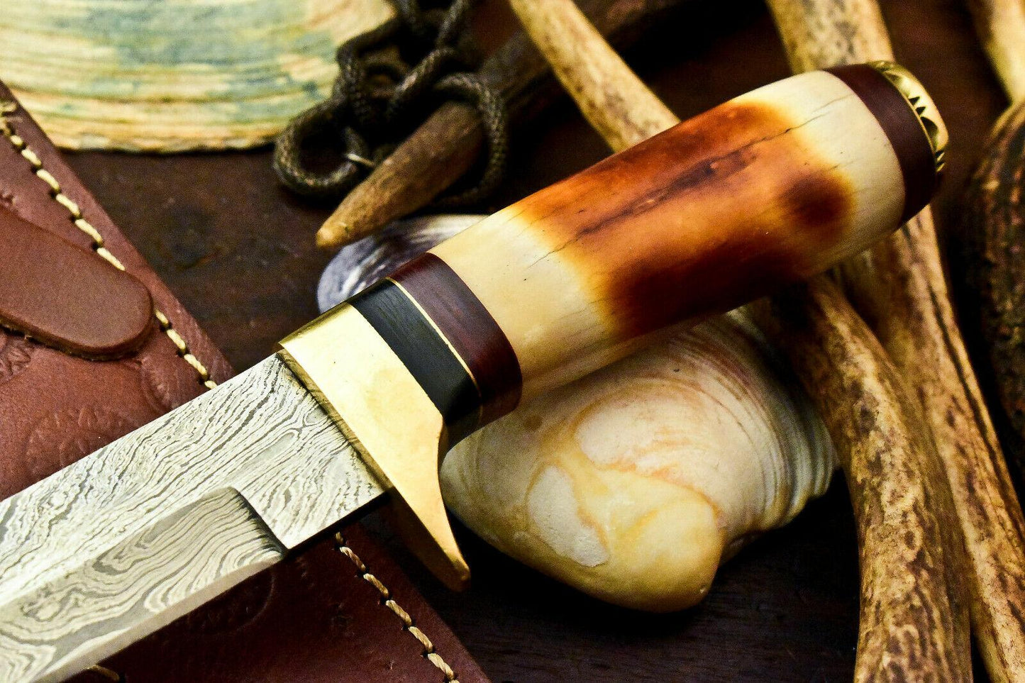 10" Damascus Bowie Hunting Knife – Stained Camel Bone Handle with Leather Sheath