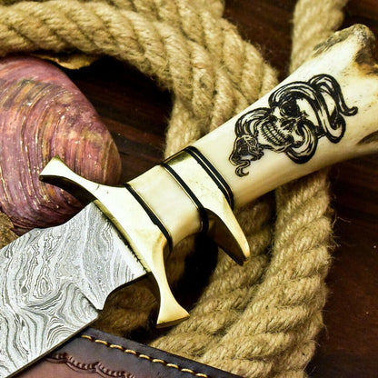 16" Damascus Bowie Knife – Laser Etched Blade & Stained Camel Bone Handle