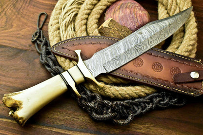 16" Damascus Bowie Knife – Laser Etched Blade & Stained Camel Bone Handle