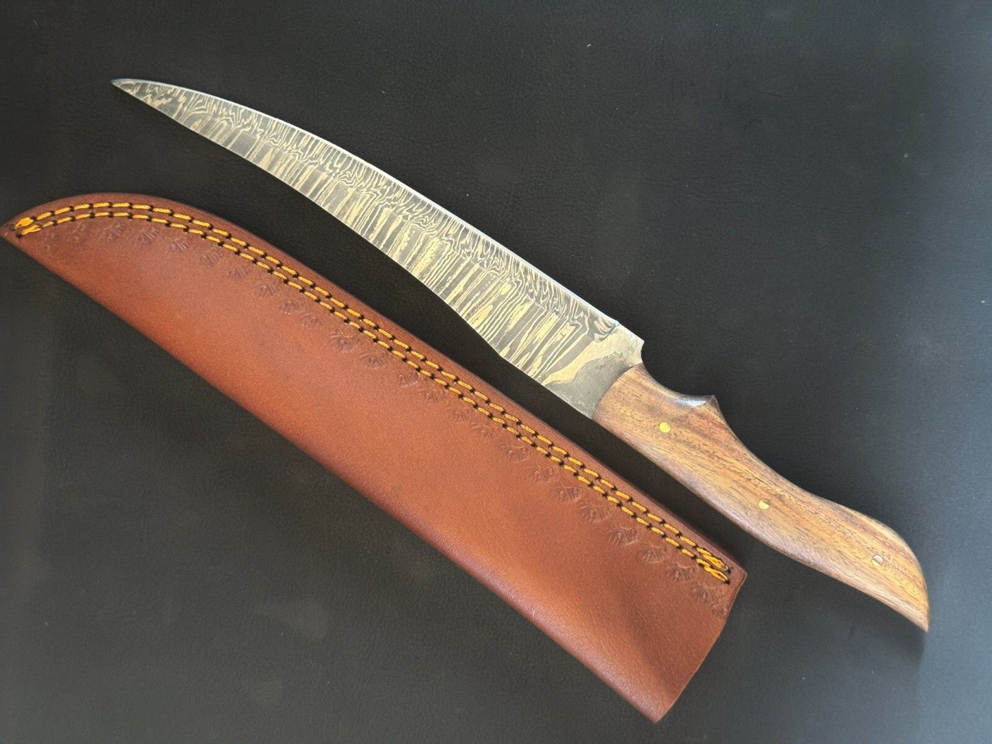 12" Hand Forged Damascus Kitchen Fillet Knife with Wood Handle & Leather Sheath